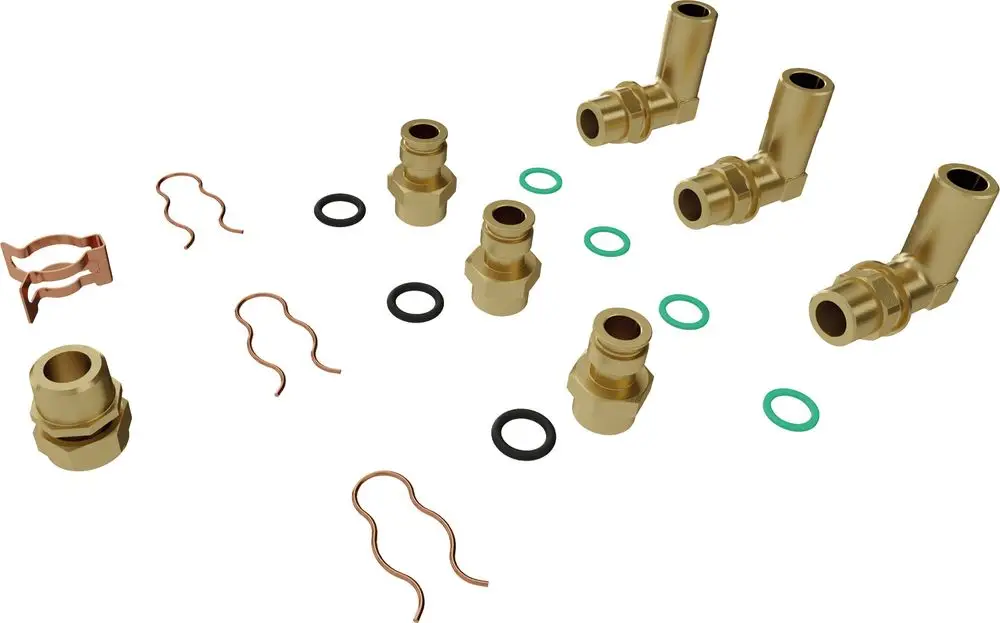 Montagezubehör mit mehreren Winkelstücken, Dichtungen und Clips zur Verbindung in Heizungs- oder Sanitärinstallationen, geeignet für Bosch-Systeme.